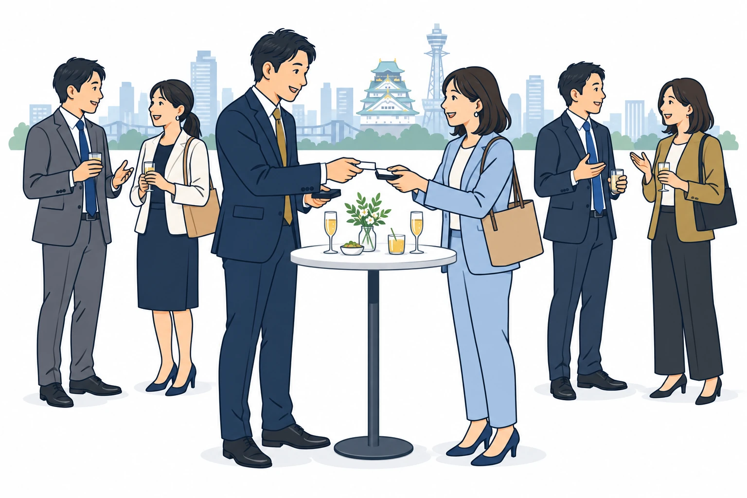 40歳前後の経営者たちが、立食のビジネス交流会で名刺を交わし会話するイラスト